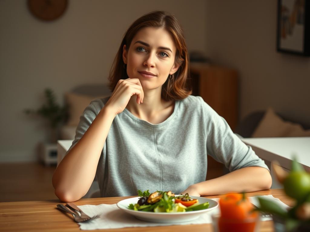 A well-lit, warm-toned scene depicting a person in a relaxed, thoughtful pose, seated at a table with a plate of healthy, wholesome food. The lighting is soft and diffused, creating a calm, contemplative atmosphere. The table setting is simple and minimalist, with the focus on the plate and the person's thoughtful expression. The background is slightly blurred, hinting at a comfortable, domestic setting. The overall mood conveys the benefits of a moderate, balanced approach to calorie reduction, with an emphasis on nourishing, satisfying foods rather than deprivation.