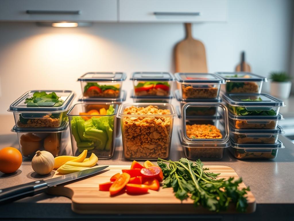 A well-organized kitchen counter with neatly arranged meal prep containers, filled with healthy, balanced meals. The lighting is soft and warm, creating a cozy and inviting atmosphere. In the foreground, a cutting board with fresh produce and herbs, suggesting the process of meal preparation. In the middle, the meal prep containers showcase a variety of dishes, each designed to provide essential nutrients and flavors. The background features a minimalist, modern kitchen setting with clean lines and neutral tones, emphasizing the efficiency and organization of the meal prep process. The overall scene conveys the benefits of meal prepping, such as time-saving, portion control, and nutritional balance.