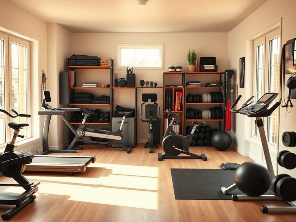 A well-stocked and neatly organized home gym, with an array of state-of-the-art fitness equipment arranged in a spacious, bright, and airy room. A treadmill, exercise bike, free weights, and resistance bands are positioned thoughtfully, creating a harmonious and functional layout. Warm, natural lighting filters in through large windows, casting a soft, inviting glow on the scene. The overall atmosphere is one of productivity, focus, and a commitment to a healthy, active lifestyle. The image should convey a sense of inspiration and motivation for the viewer to curate their own optimal fitness setup.
