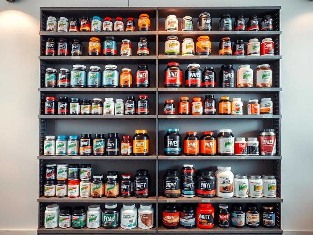 A well-stocked and organized shelving unit displaying an assortment of high-quality fitness supplements against a clean, minimalist backdrop. The shelves are arranged in a symmetrical grid, with each product neatly labeled and presented in sleek, modern packaging. Soft, directional lighting casts a warm, inviting glow across the scene, highlighting the vibrant colors and textures of the supplements. The overall composition conveys a sense of professionalism, quality, and a dedication to health and wellness.