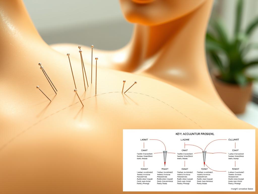 Acupuncture needles gently piercing skin, tracing meridian lines across a lifelike human body. Soft lighting illuminates the intricate process, capturing the essence of traditional Chinese medicine. In the foreground, a detailed diagram showcases the key acupuncture points, their names and functions clearly visible. Behind, a blurred background suggests a serene, tranquil setting, perhaps a traditional healing center or spa. The overall composition conveys a sense of balance, harmony, and the holistic approach of acupuncture for weight management.