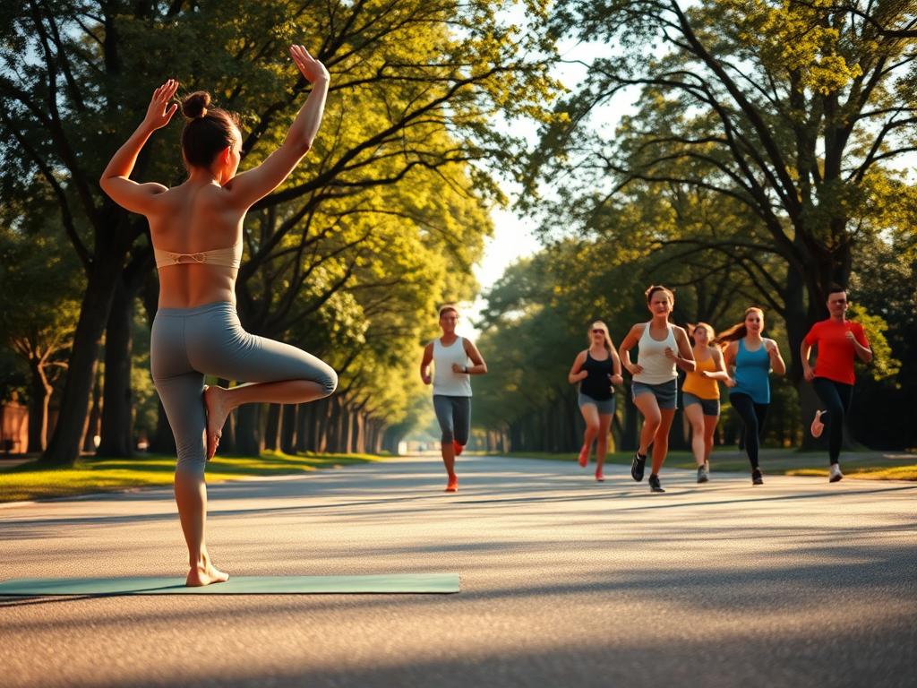 An active and energetic scene of a person engaged in various forms of physical exercise. In the foreground, a fit individual performs a dynamic yoga pose, their limbs flowing with graceful movement. The middle ground features a person jogging briskly along a tree-lined path, conveying a sense of vitality and rejuvenation. In the background, a group participates in a group fitness class, their bodies in sync as they engage in an invigorating workout. The lighting is warm and natural, casting a golden glow that enhances the mood of vitality and wellness. The overall scene is one of holistic well-being, capturing the essence of the "Bewegung" concept - the importance of physical activity for both the body and the mind.