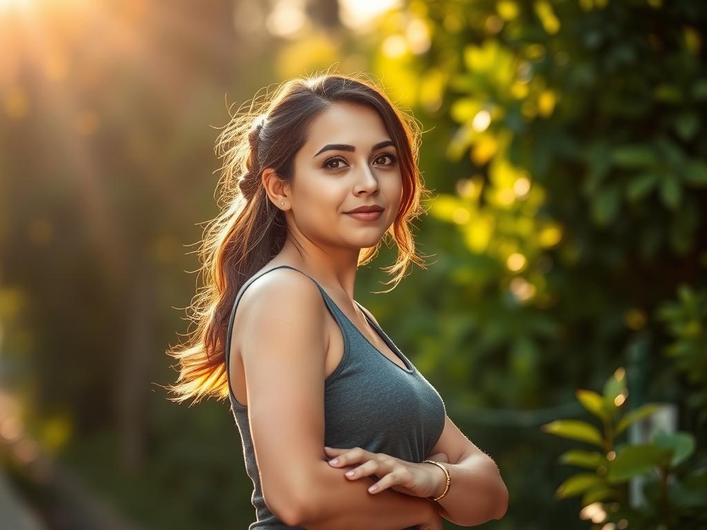 An inspirational woman standing confidently, her eyes shining with determination, surrounded by a natural, serene environment. Warm, golden sunlight filters through lush greenery, casting a gentle glow on her face as she gazes into the distance, symbolizing the journey ahead. Her posture exudes a sense of empowerment, reflecting the inner strength she has found in her pursuit of a healthier lifestyle. The scene conveys a feeling of calm, focused resolve, capturing the essence of the motivational story behind her 20 kg weight loss transformation.