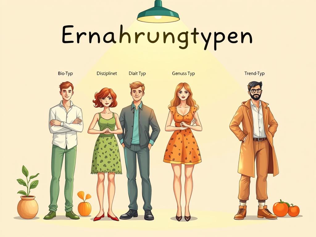 Detailed illustration depicting the different "Ernährungstypen" (nutrition types) in a vibrant, informative style. A balanced, symmetrical composition with four central figures representing key archetypes - the health-conscious "Bio-Typ", the disciplined "Diät-Typ", the indulgent "Genuss-Typ", and the adventurous "Trend-Typ". Each figure is rendered with distinct visual cues, body language, and fashion choices to clearly communicate their dietary preferences and lifestyles. Soft, warm lighting from above illuminates the scene, creating depth and dimensionality. The background features minimal, neutral-toned elements to keep the focus on the main subjects. An overall sense of harmony, education, and approachability to visually guide the viewer through the different "Ernährungstypen".