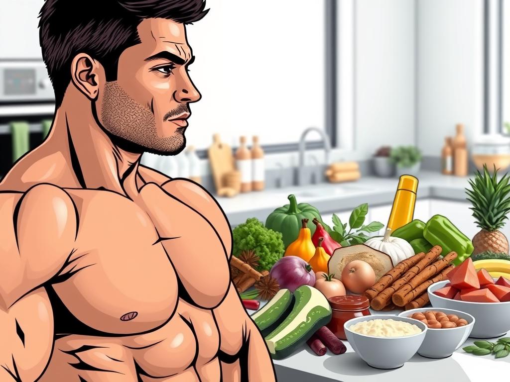 Detailed illustration of a muscular, athletic individual in the foreground, showcasing the principles of an anabolic diet. In the middle ground, a selection of nutrient-dense foods such as lean proteins, complex carbohydrates, and healthy fats. The background should depict a clean, modern kitchen or gym setting, conveying a sense of health, fitness, and wellness. The lighting should be bright and natural, creating a crisp, vivid atmosphere. The overall composition should emphasize the synergy between a balanced, anabolic diet and a fit, muscular physique.