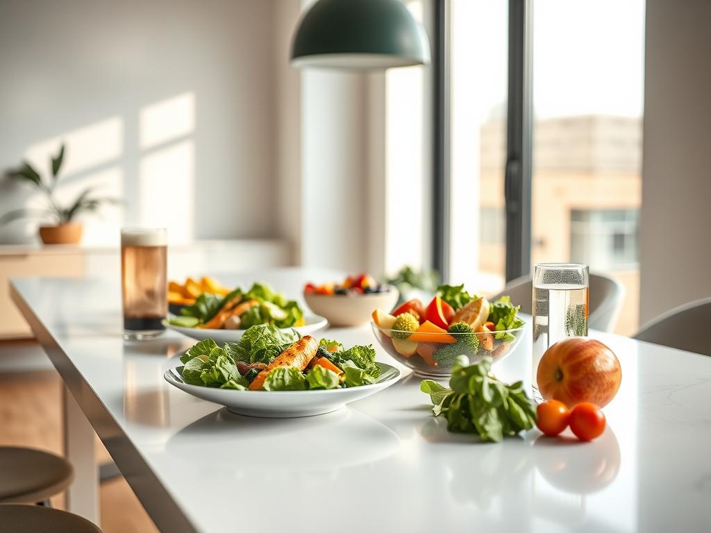 Diverse diets displayed on a sleek, modern table with clean, minimalist styling. A selection of healthy meal options including a plate of fresh salad, a bowl of colorful fruit, and a glass of water or smoothie, all bathed in soft, natural lighting from a large window. The scene conveys a sense of balance, simplicity, and wellness, reflecting the theme of the article section "What are diets and how do they work?". Shot with a shallow depth of field, providing a focused, almost editorial-style composition that highlights the variety of dietary choices.