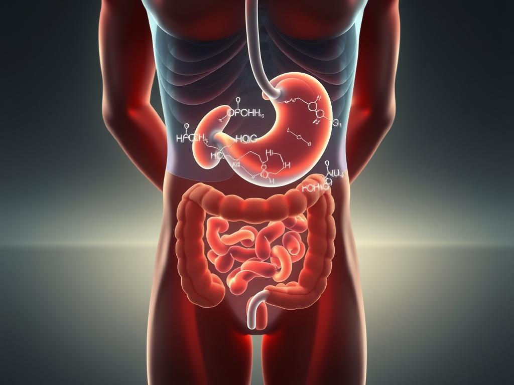 Metabolism after 40: a detailed digital illustration depicting the metabolic changes experienced by an adult person over the age of 40. The foreground shows a realistic cross-section of the abdomen, highlighting the digestive system and key metabolic processes. The middle ground features a glowing, translucent overlay visualizing the chemical reactions and energy flows involved in the slowed metabolism. The background depicts a serene, minimalist environment with subtle gradients, creating a contemplative, scientific atmosphere. Realistic lighting and depth of field effects enhance the sense of depth and three-dimensionality. The overall mood is one of informative clarity, emphasizing the importance of understanding metabolic shifts in the context of weight management. Metabolism after 40: a detailed digital illustration depicting the metabolic changes experienced by an adult person over the age of 40. The foreground shows a realistic cross-section of the abdomen, highlighting the digestive system and key metabolic processes. The middle ground features a glowing, translucent overlay visualizing the chemical reactions and energy flows involved in the slowed metabolism. The background depicts a serene, minimalist environment with subtle gradients, creating a contemplative, scientific atmosphere. Realistic lighting and depth of field effects enhance the sense of depth and three-dimensionality. The overall mood is one of informative clarity, emphasizing the importance of understanding metabolic shifts in the context of weight management.