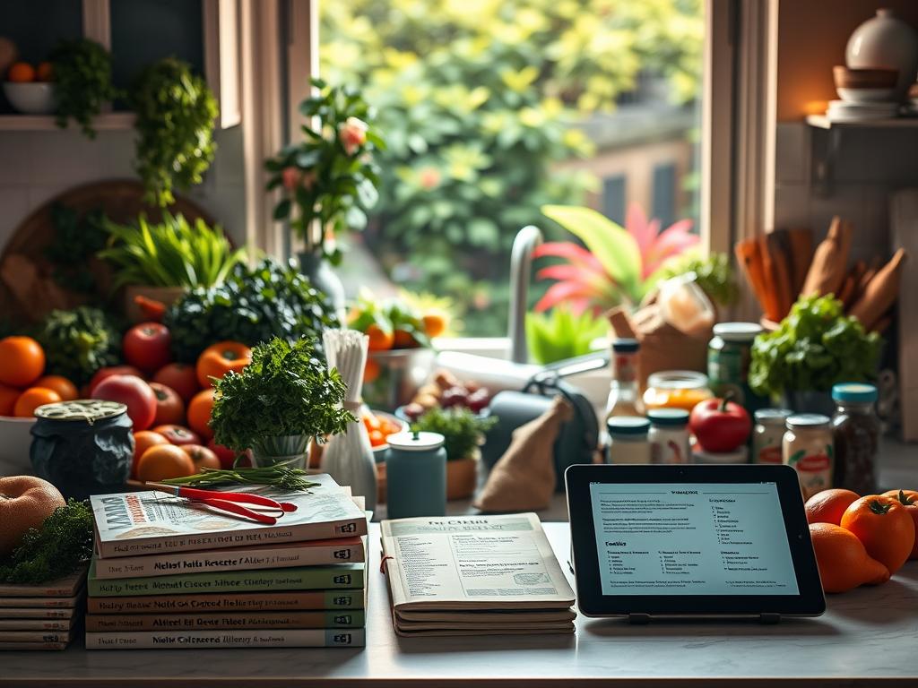 Prompt A serene scene of a well-stocked kitchen counter, with an array of fresh produce, herbs, and allergen-friendly ingredients neatly arranged. Warm, diffused lighting casts a cozy glow, highlighting the vibrant colors and textures. In the foreground, a stack of cookbooks and a tablet display recipes tailored for specific dietary needs. The middle ground features a variety of food labels and packaging, each clearly indicating common allergens. In the background, a window overlooks a lush, verdant garden, conveying a sense of connection to nature and wellness. The overall mood is one of calm, care, and a commitment to personalized, nutritious eating.