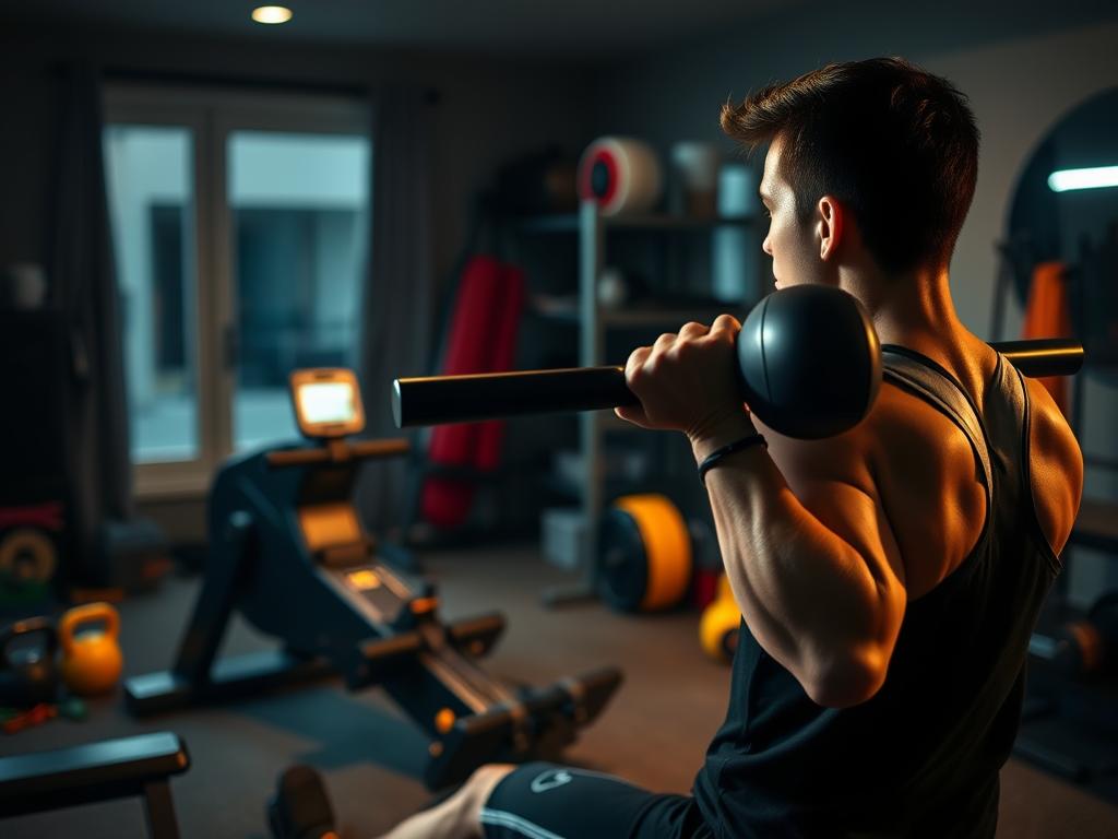 Prompt A well-equipped home gym, dimly lit with warm, natural lighting. In the foreground, a person performing a resistance training exercise, their muscles straining as they row a weighted barbell towards their chest. In the middle ground, a sturdy rowing machine stands ready, its sleek design and smooth movement evoking a sense of efficiency and focus. The background is filled with other fitness equipment, like kettlebells and resistance bands, suggesting a comprehensive workout regimen. The overall atmosphere is one of determination and purposeful motion, capturing the essence of combining strength training and rowing for effective weight loss. Prompt A well-equipped home gym, dimly lit with warm, natural lighting. In the foreground, a person performing a resistance training exercise, their muscles straining as they row a weighted barbell towards their chest. In the middle ground, a sturdy rowing machine stands ready, its sleek design and smooth movement evoking a sense of efficiency and focus. The background is filled with other fitness equipment, like kettlebells and resistance bands, suggesting a comprehensive workout regimen. The overall atmosphere is one of determination and purposeful motion, capturing the essence of combining strength training and rowing for effective weight loss.
