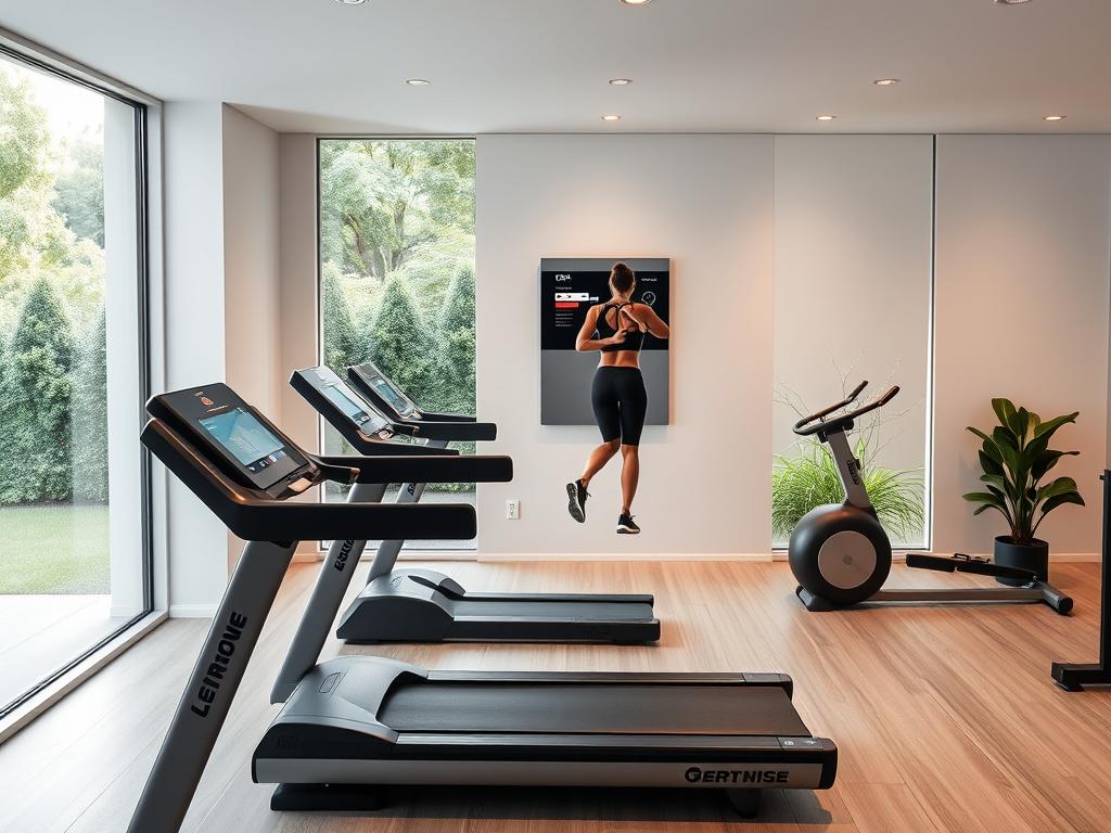 Sleek and modern smart home gym, filled with state-of-the-art fitness equipment. In the foreground, a high-tech treadmill with integrated display, seamlessly blending into the minimalist decor. In the middle ground, a wall-mounted smart mirror reflecting a person's workout routine, showcasing real-time performance metrics. The background features a large window overlooking a lush garden, allowing natural light to flood the space, creating a serene and rejuvenating atmosphere. Subtle ambient lighting accents the clean lines and surfaces, elevating the overall high-tech ambiance. The composition conveys a sense of technological advancement, efficiency, and wellness, perfectly capturing the essence of "Technologischer Fortschritt im Fitnessbereich".